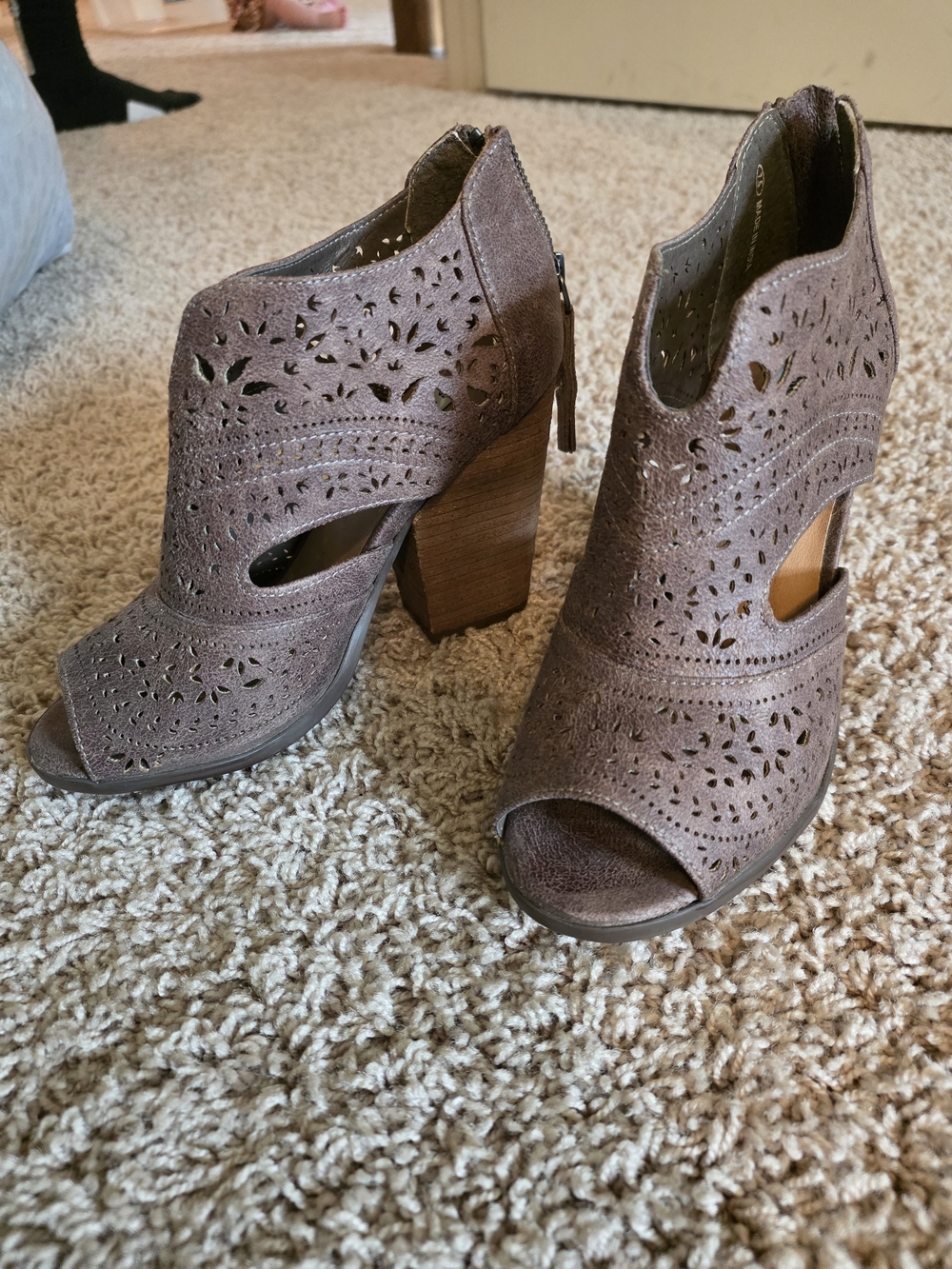 Not Rated Brown Laser-Cut Peep-Toe Block Heel Booties